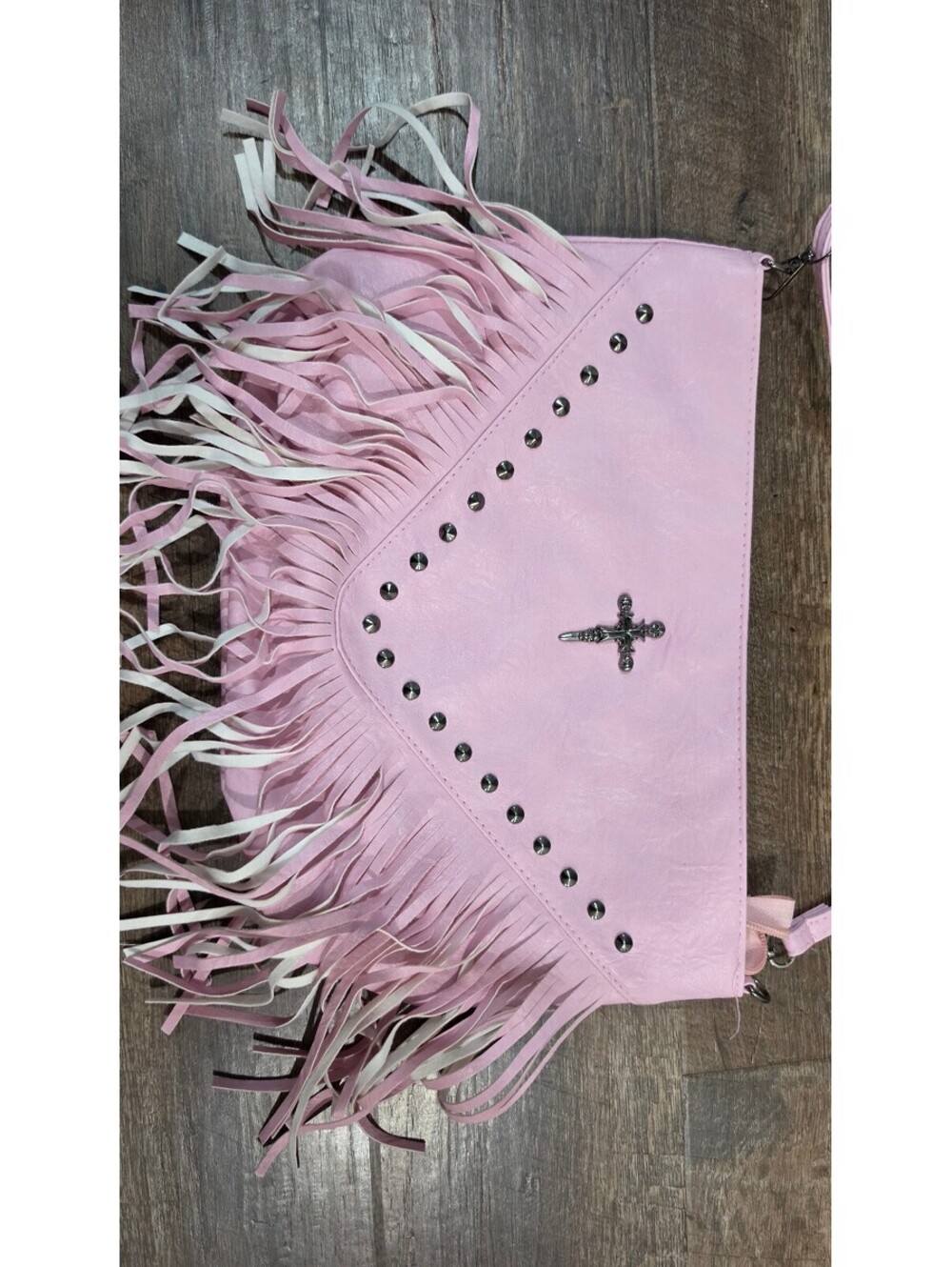 Pink Faux Leather Fringe Crossbody Bag with Studded Detail - Picture 6 of 9